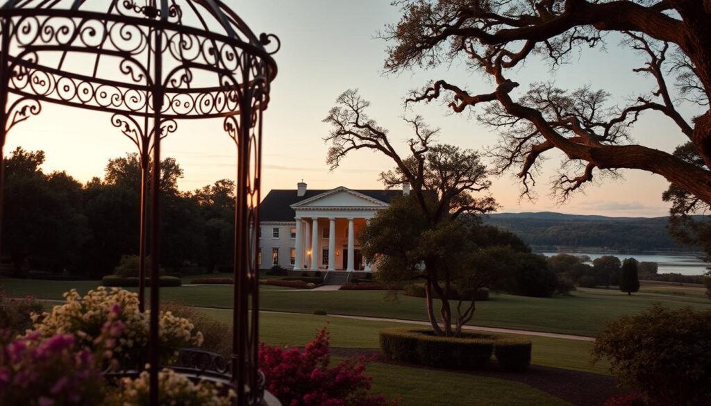 A beautifully curated selection of Missouri's premier wedding venues, captured in a stunning cinematic composition. In the foreground, an elegant garden gazebo with intricate wrought-iron detailing stands amidst a lush, manicured landscape. The middle ground features a stately manor house with classic columns and warm, inviting lighting, surrounded by towering oak trees. In the distant background, rolling hills and a picturesque lake create a serene, picturesque backdrop. The scene is bathed in soft, golden hour lighting, lending a romantic, dreamy atmosphere. Captured with a wide-angle lens to showcase the grand scale and splendor of these exceptional Missouri wedding destinations.
