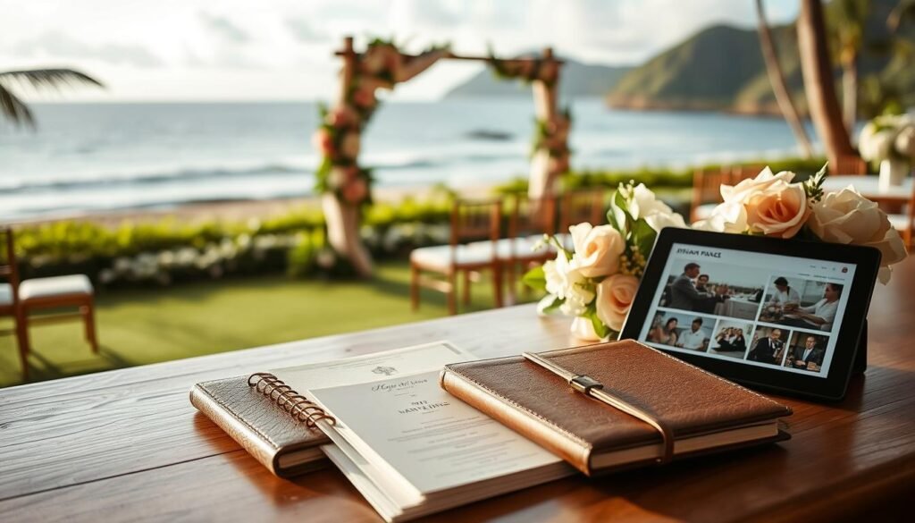 A beautifully curated wedding venue on the lush Hawaiian coastline, with a serene beachfront backdrop and elegant floral arrangements adorning the scene. In the foreground, an array of wedding planning essentials are artfully displayed, including a leather-bound planner, an array of stationery samples, and a tablet displaying venue information. The lighting is soft and diffused, creating a warm, inviting atmosphere that perfectly captures the essence of a dream Hawaiian wedding. The composition is balanced and visually appealing, guiding the viewer's eye through the various elements that contribute to the perfect venue selection process.
