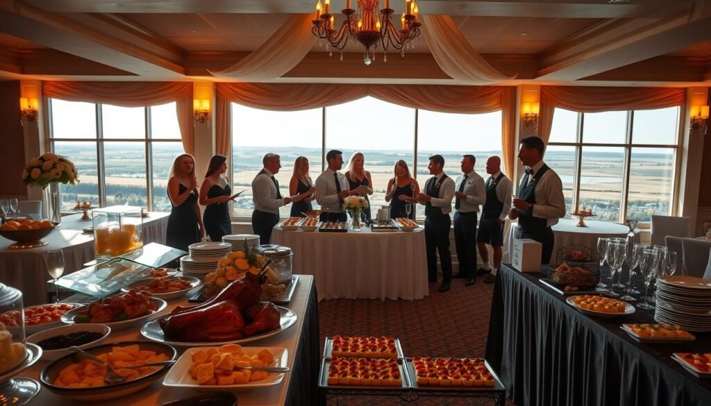 A beautifully decorated wedding reception hall, bathed in warm, golden lighting. In the foreground, an elegant buffet table laden with an array of delectable dishes - roasted meats, decadent desserts, and artfully presented hors d'oeuvres. Servers in crisp white uniforms gracefully move among the guests, offering flutes of champagne and canapés. In the middle ground, a team of experienced caterers orchestrate the seamless flow of the event, ensuring every detail is attended to. The background reveals a breathtaking view of the North Dakota landscape through large, panoramic windows, setting the stage for an unforgettable wedding celebration.