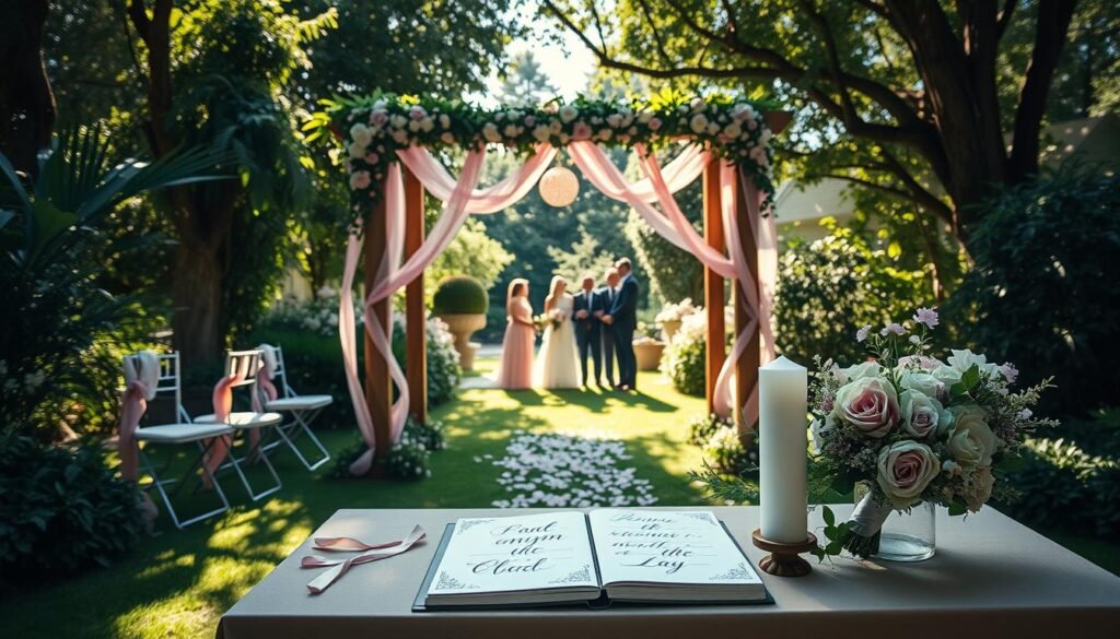 A beautifully decorated wooden arch stands against the backdrop of a sun-dappled garden, adorned with lush greenery, delicate flowers, and ribbons in soft pastel hues. Scattered along the aisle are petals in shades of pink and lavender, leading to a small, intimate gathering of loved ones. In the foreground, a table is set with personalized details - an elegant calligraphy-inscribed guest book, artfully arranged bouquets, and a unique unity candle ceremony. The overall atmosphere is one of warmth, joy, and a touch of whimsy, capturing the essence of a personalized wedding celebration.