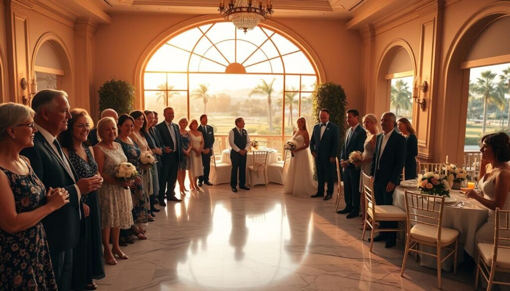 A beautifully lit indoor wedding reception hall, with an elegant marble floor and a large arched window flooding the space with warm, golden natural light. In the foreground, a group of joyful, smiling couples - diverse in age, ethnicity, and style - sharing heartfelt testimonials, their expressions radiating happiness and contentment. The middle ground features tastefully decorated wedding tables, with fresh floral arrangements and candlelight creating a cozy, romantic ambiance. The background showcases a sweeping panoramic view of lush, palm-tree lined gardens, hinting at the picturesque outdoor setting. The overall atmosphere is one of genuine celebration, love, and cherished memories.