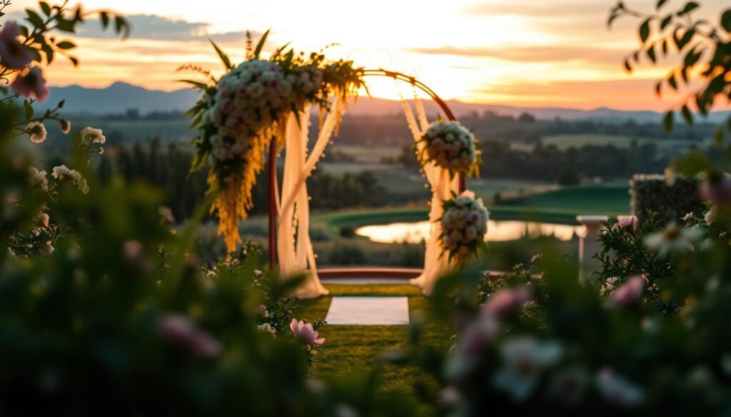 A beautifully lit wedding photography backdrop, featuring a dreamy, romantic garden scene. In the foreground, lush greenery and blooming flowers frame the scene, creating a soft, natural border. The middle ground showcases an elegant, ornate arch adorned with cascading floral arrangements, casting a warm, golden glow. In the background, a stunning landscape unfolds, with rolling hills, a serene pond, and a breathtaking sunset sky, painted in hues of pink, orange, and purple. The overall composition is expertly crafted, with a shallow depth of field and a cinematic, cinematic feel, drawing the viewer's eye to the central focal point - the wedding photography setup. This backdrop exudes an atmosphere of timeless elegance and enchantment, perfectly complementing the "Enhancing Your Wedding Experience: Photography and Decor Insights" section of the article.