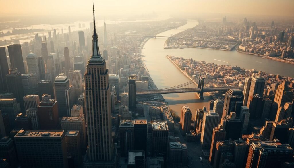 A breathtaking aerial view of Manhattan's iconic skyline, with the towering skyscrapers of Midtown casting dramatic shadows on the bustling streets below. In the foreground, the iconic silhouette of the Empire State Building stands tall, its Art Deco architecture illuminated by warm, golden sunlight. In the middle ground, the winding waterways of the Hudson River and East River frame the city, with the Brooklyn Bridge connecting the boroughs in a stunning architectural masterpiece. The background is filled with the hazy outlines of the outer boroughs, creating a sense of depth and scale. The overall scene exudes an air of grandeur, sophistication, and timeless elegance - the perfect backdrop for an unforgettable, high-end wedding celebration. A breathtaking aerial view of Manhattan's iconic skyline, with the towering skyscrapers of Midtown casting dramatic shadows on the bustling streets below. In the foreground, the iconic silhouette of the Empire State Building stands tall, its Art Deco architecture illuminated by warm, golden sunlight. In the middle ground, the winding waterways of the Hudson River and East River frame the city, with the Brooklyn Bridge connecting the boroughs in a stunning architectural masterpiece. The background is filled with the hazy outlines of the outer boroughs, creating a sense of depth and scale. The overall scene exudes an air of grandeur, sophistication, and timeless elegance - the perfect backdrop for an unforgettable, high-end wedding celebration.