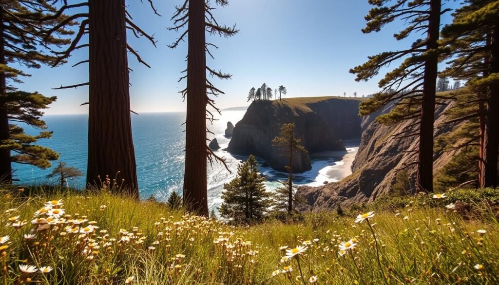 A breathtaking landscape in coastal California, captured with a wide-angle lens to showcase the grandeur of the scene. In the foreground, a sun-dappled meadow dotted with wildflowers sways gently in the ocean breeze. Towering redwood trees rise majestically in the middle ground, their ancient trunks reaching towards a clear, azure sky. In the distance, a dramatic cliff face plunges into the shimmering Pacific, the waves crashing against the rugged shoreline. The lighting is soft and golden, evoking a sense of serenity and timelessness. This idyllic setting exudes a sense of tranquility and natural beauty, perfectly capturing the essence of a dreamy California outdoor wedding venue.