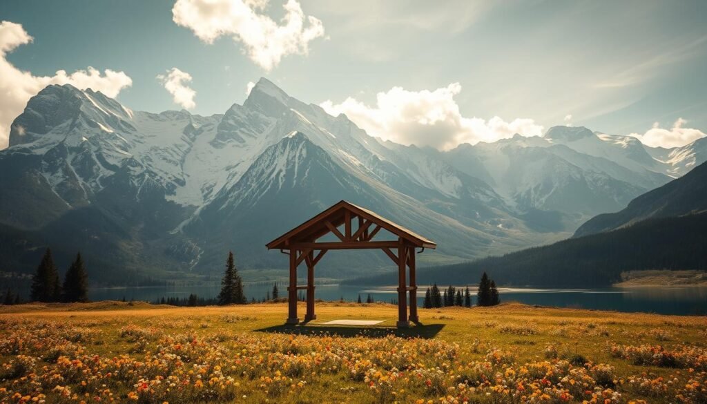 A breathtaking mountain vista, with towering peaks capped in pristine snow, casting majestic shadows over a serene alpine meadow. In the foreground, a rustic wooden pavilion stands amidst a lush carpet of wildflowers, its elegant architecture in harmony with the surrounding natural beauty. Soft, golden sunlight filters through wispy clouds, creating a warm, romantic ambiance. In the distance, a crystal-clear lake reflects the snowcapped mountains, their reflections rippling in the gentle breeze. The scene exudes a sense of tranquility and timeless elegance, perfectly capturing the essence of a scenic mountain wedding venue in Utah.