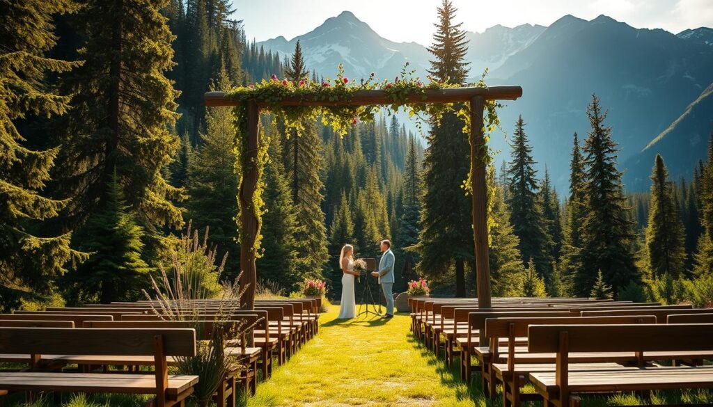 A breathtaking outdoor ceremony in a lush forest clearing, bathed in the warm glow of the afternoon sun. In the foreground, a rustic wooden archway adorned with cascading vines and wildflowers, framing the couple as they exchange vows. The middle ground features rows of wooden benches, creating an intimate gathering space, surrounded by towering evergreen trees and the gentle flow of a nearby waterfall. In the background, majestic snow-capped mountains rise up, creating a stunning natural backdrop that fills the scene with a sense of tranquility and timelessness. The overall atmosphere is one of serene enchantment, where nature and love seamlessly intertwine.