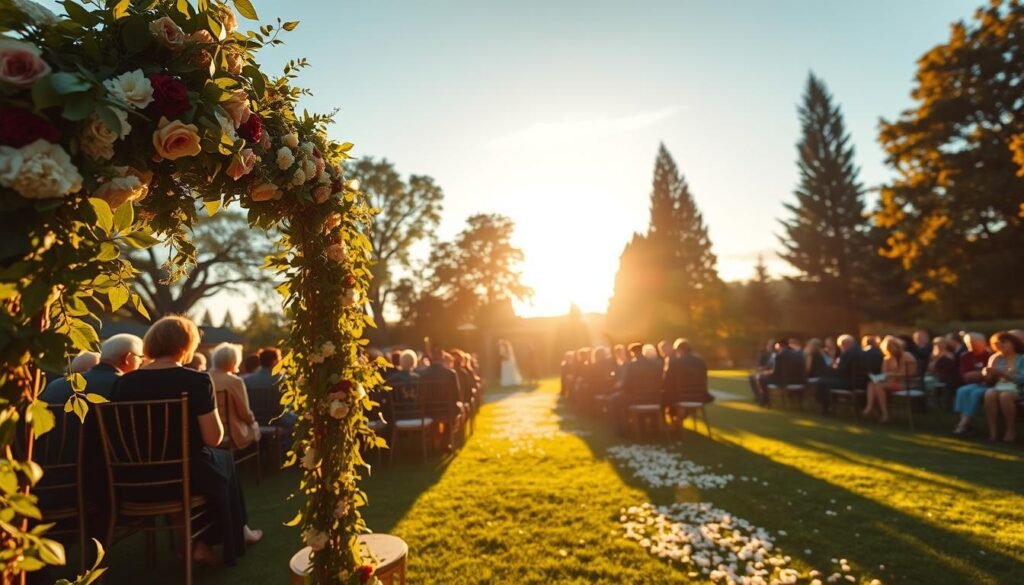 A breathtaking outdoor garden wedding scene, bathed in the warm glow of the golden hour. In the foreground, a beautifully decorated archway draped with lush greenery and seasonal blooms. In the middle ground, guests gathered on elegant wrought-iron chairs, enjoying the tranquil ambiance. Beyond, a verdant lawn dotted with delicate flower petals, leading to a backdrop of towering trees and a cloudless azure sky. Soft, diffused lighting creates a magical, romantic atmosphere, while the overall composition emphasizes the natural beauty of the setting, showcasing the ideal seasonal strategies for an unforgettable outdoor garden wedding.