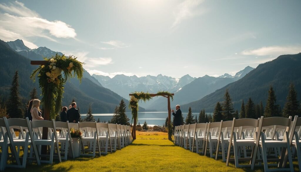 A breathtaking outdoor wedding ceremony set against the majestic backdrop of the Cascade mountains. In the foreground, a rustic wooden arch draped with cascading florals and greenery stands upon a lush, well-tended lawn. The middle ground features rows of white chairs facing the arch, creating an elegant yet intimate setting. In the distance, snow-capped peaks rise up, their jagged silhouettes reflected in the still waters of a pristine alpine lake. Warm, golden sunlight filters through wispy clouds, casting a soft, romantic glow over the entire scene. The overall mood is one of serene natural beauty, creating the perfect atmosphere for an unforgettable outdoor wedding ceremony.