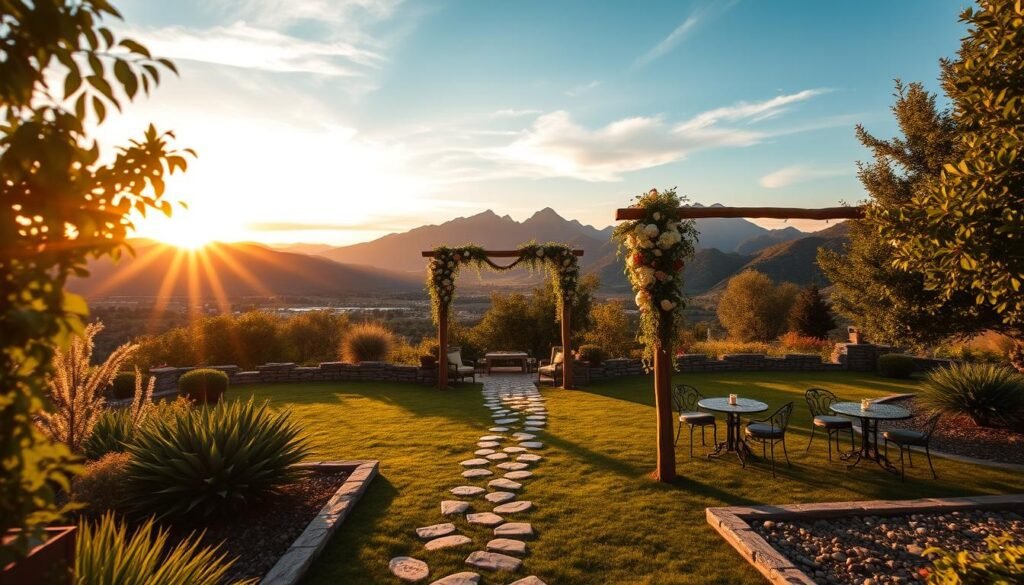 A breathtaking outdoor wedding venue with lush greenery, picturesque mountain backdrops, and warm golden-hour lighting. In the foreground, a rustic wooden arch adorned with cascading floral arrangements. The middle ground features a manicured lawn dotted with pebble paths and elegant bistro seating. In the distance, towering peaks silhouetted against a vibrant sunset sky, creating a serene and romantic atmosphere. A wide-angle lens captures the full scope of this idyllic setting, inviting the viewer to imagine the perfect backdrop for a picture-perfect wedding celebration.