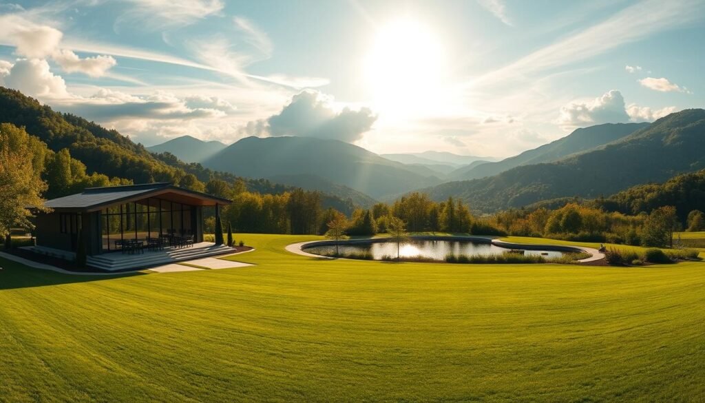 A breathtaking panorama of a modern, scenic wedding venue nestled in the rolling hills of West Virginia. In the foreground, a beautifully manicured lawn leads to a grand, contemporary ceremony pavilion with sleek glass walls that offer sweeping vistas of the surrounding landscape. The middle ground features a serene pond, its still waters reflecting the lush, verdant foliage and towering mountains in the distance. Warm, golden sunlight filters through wispy clouds, casting a magical glow over the entire scene. The overall atmosphere evokes a sense of tranquility, elegance, and the perfect blend of nature and modern design.
