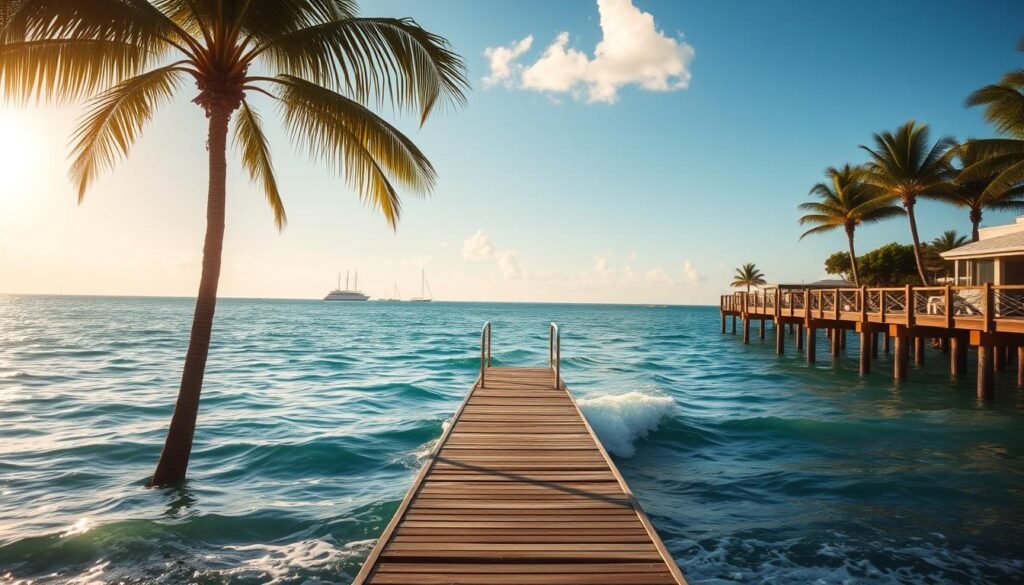 A breathtaking waterfront vista, with a gentle swell of azure waves lapping at a sun-kissed shoreline. In the foreground, a picturesque pier extends into the tranquil waters, its weathered planks and railings framing the serene scene. Towering palm trees sway in the coastal breeze, their fronds casting dappled shadows across the sand. In the middle ground, a row of elegant, high-end waterfront wedding venues stand, their architecture reflecting the natural beauty of the surroundings. The background is dominated by a stunning panorama of the open ocean, dotted with sailboats and bathed in the warm glow of a golden hour sunset. The overall atmosphere is one of serene, romantic tranquility, perfectly suited for a dreamy waterfront wedding celebration.