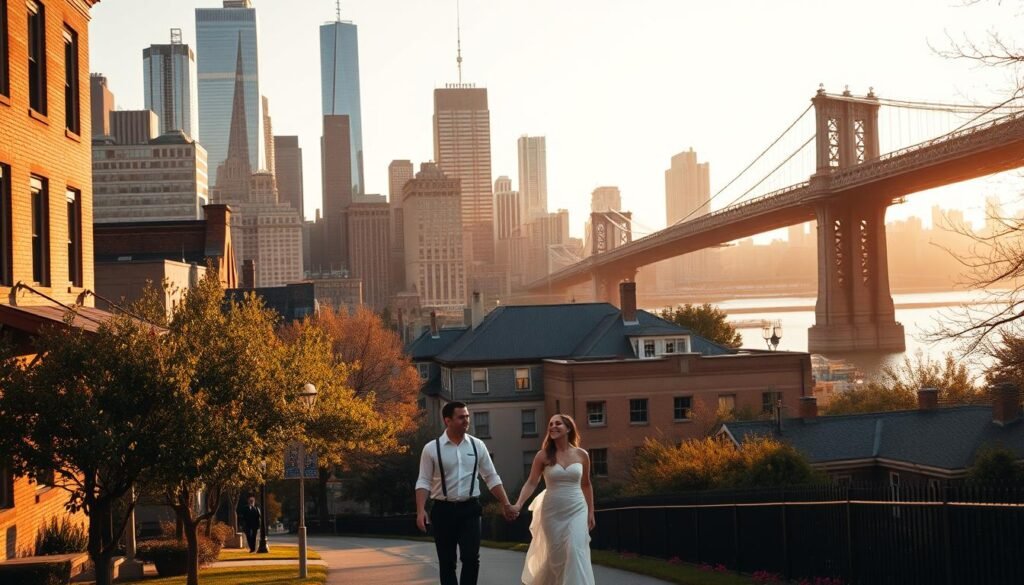 A bustling city skyline at golden hour, the iconic silhouettes of skyscrapers casting long shadows across a sun-drenched Manhattan. In the foreground, a couple strolls hand-in-hand down a quaint, tree-lined street, their laughter and joy palpable. The middle ground features a stately, historic wedding venue, its grand architecture and elegant gardens a testament to the city's timeless charm. In the background, the Brooklyn Bridge stretches across the East River, its cables glimmering in the fading light. The overall atmosphere is one of romance, wonder, and the perfect balance of excitement and tranquility - a timely reminder that the off-peak hours and weekdays can offer the most enchanting settings for a memorable wedding celebration.