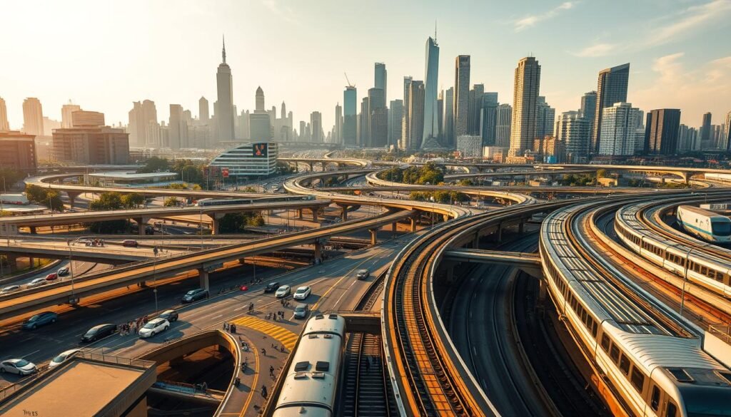 A bustling metropolis skyline, with towering skyscrapers and a network of highways and transportation infrastructure. In the foreground, a meticulously planned intersection with a seamless flow of vehicles, pedestrians, and public transit. Warm, golden lighting illuminates the scene, creating a sense of efficiency and forward motion. The middle ground features a train station with commuters hurrying to their destinations, while in the background, a web of rail lines and a monorail system transport people across the city. The overall atmosphere conveys a well-organized, sustainable transportation system that enhances the urban experience.