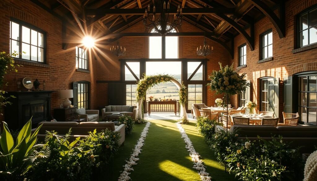 A charming carriage house nestled amidst lush greenery, its exposed brick walls and rustic wooden beams creating a timeless, romantic ambiance. Sunlight streams through large windows, casting a warm, golden glow over the ornate chandeliers and elegant furnishings. In the foreground, a beautifully decorated aisle leads to a stunning arch draped with cascading flowers, inviting guests to imagine the perfect wedding ceremony. The middle ground features cozy lounge areas and intimate dining spaces, while the background showcases the picturesque countryside, complete with rolling hills and a distant tree line. This carriage house venue exudes a captivating blend of history, elegance, and natural beauty, making it an enchanting setting for the most cherished of celebrations.