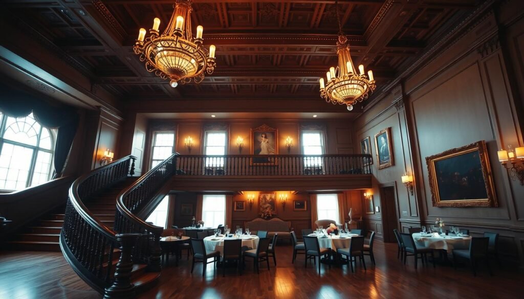 A charming, elegant interior of a Staten Island wedding venue, bathed in warm, soft lighting from ornate chandeliers overhead. The space features high ceilings with intricate moldings, and large windows allowing natural light to filter in, illuminating the polished hardwood floors and plush, luxurious furnishings. In the foreground, a grand, mahogany staircase leads up to a mezzanine level, while in the middle ground, round cocktail tables are arranged with refined place settings. The background showcases ornate, gilded wall sconces and framed artwork, creating an atmosphere of timeless sophistication and refined New York City charm.