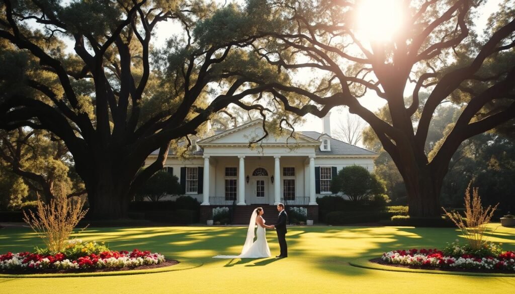 A charming outdoor wedding venue nestled in the heart of Charleston, South Carolina, Lowndes Grove exudes rustic sophistication. The imposing Southern mansion stands tall, its grand columned facade and manicured gardens creating a stately yet inviting atmosphere. Sunlight filters through the lush, towering oak trees, casting a warm, golden glow over the picturesque scene. In the foreground, well-tended flower beds and a picturesque pond reflect the elegant, refined aesthetic. Couples exchange vows on the sprawling lawn, surrounded by the graceful, historic architecture and the serene natural beauty of the venue. The image conveys a sense of timeless romance and Southern charm, perfectly capturing the essence of Lowndes Grove as a premiere wedding destination.