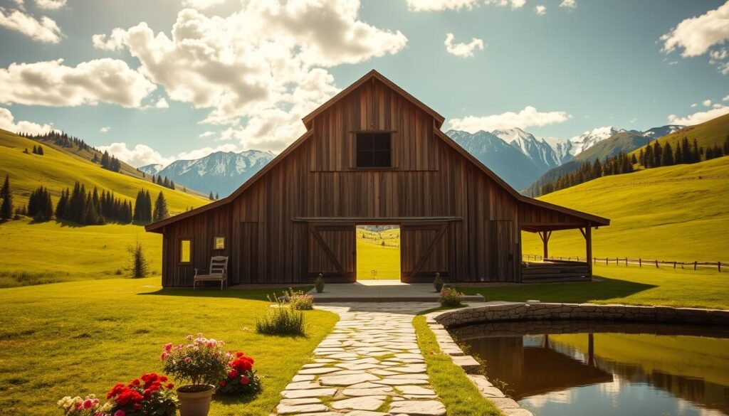 A charming rustic wedding venue nestled among verdant rolling hills, a weathered wooden barn standing proud in the foreground, its natural beauty enhanced by warm golden light filtering through the rafters. In the middle ground, a stone pathway leads to the barn's entrance, flanked by lush flowerbeds and a picturesque pond reflecting the serene scene. The background showcases a breathtaking mountain vista, the peaks capped with snow, creating a picturesque backdrop for the picturesque celebration. The overall atmosphere exudes a sense of timeless elegance and tranquility, perfectly suited for a magical barn wedding.