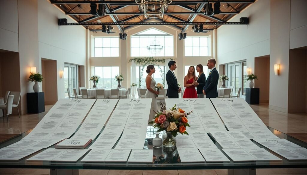 A chic and sophisticated wedding venue with a modern, minimalist aesthetic. In the foreground, a meticulously organized seating chart displayed on a sleek, glass tabletop, surrounded by elegant stationery and a bouquet of fresh flowers. In the middle ground, a group of wedding planners discussing details with the couple, their expressions thoughtful and engaged. The background features a panoramic view of the venue's airy, high-ceilinged interior, with large windows letting in warm, natural light. The overall mood is one of professionalism, attention to detail, and a sense of tranquil, effortless elegance.