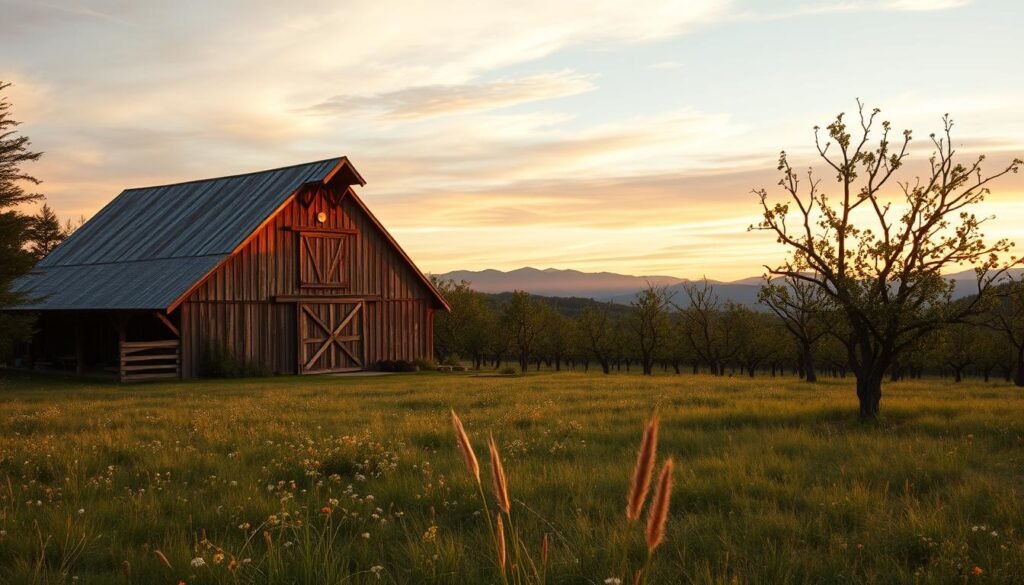 A cozy mountain retreat nestled in the lush Catskills landscape. In the foreground, a rustic wooden barn stands tall, its weathered facade glowing under the warm afternoon sunlight. Surrounding it, a rolling meadow dotted with wildflowers sways in the gentle breeze. In the middle ground, an orchard of gnarled apple trees stretches out, their branches heavy with ripe fruit. Beyond, the silhouette of distant peaks rises against a vibrant sky, painted with soft hues of orange and pink. The entire scene exudes a sense of tranquility and timeless charm, inviting the viewer to imagine exchanging vows amidst this serene natural setting.