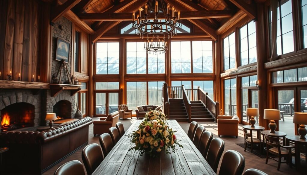 A cozy, rustic wedding venue nestled in the Alaskan wilderness, with grand wooden beams, a crackling fireplace, and plush leather furnishings that create a warm and inviting atmosphere. Soft, natural lighting filters through large windows, highlighting the elegant chandeliers and intricate details of the space. In the foreground, a long, wooden dining table is adorned with a lush floral centerpiece, setting the stage for an unforgettable celebration. The middle ground features a grand staircase leading to a mezzanine level, while the background showcases a breathtaking panoramic view of snow-capped mountains and pristine forests, transporting guests to a serene and enchanting setting.