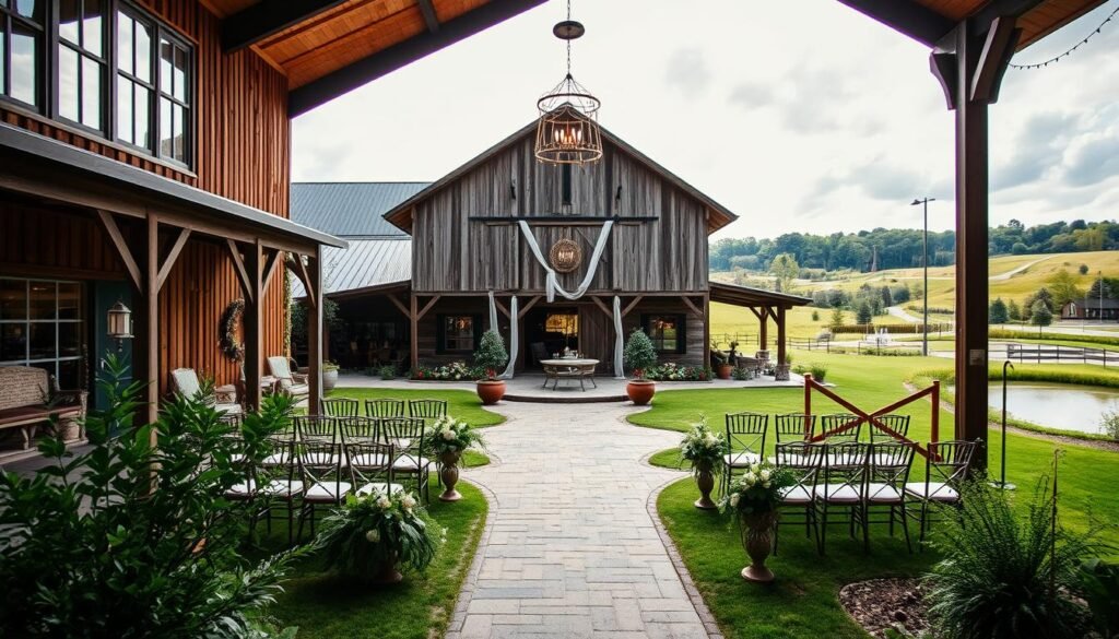 A cozy, rustic wedding venue nestled in the heart of Missouri's rolling hills, with warm natural light filtering through large windows. In the foreground, a charming outdoor ceremony space adorned with lush greenery and delicate floral arrangements. In the middle ground, a grand, weathered wooden barn serves as the elegant reception hall, its exposed beams and vintage decor creating a timeless ambiance. The background showcases the venue's picturesque surroundings, with verdant meadows and a tranquil pond reflecting the serene Missouri countryside. An inviting, romantic atmosphere permeates the scene, capturing the essence of a truly memorable real wedding celebration.