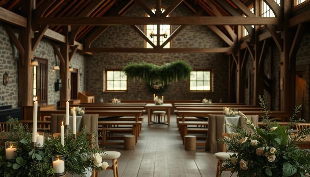A cozy rustic wedding venue, the wooden beams and stone walls creating a warm, inviting atmosphere. In the foreground, simple yet elegant decor elements like lush greenery, candles, and a few carefully placed floral accents tastefully adorn the space, complementing the natural textures. The middle ground features the main gathering area, with wooden benches and tables set for an intimate celebration. In the background, large windows flood the room with soft, diffused natural light, casting a serene, romantic glow over the whole scene. An affordable, versatile setting that allows couples to focus on the meaningful moments, rather than elaborate, expensive decor.