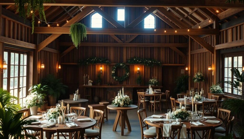 A cozy, rustic wedding venue with exposed wooden beams and warm lighting. Intimate circular seating arrangement with simple floral centerpieces, candlesticks, and wooden tables. Soft, natural sunlight filters through large windows, casting a gentle glow. Lush greenery and potted plants adorn the space, creating a serene, organic ambiance. Soft, muted tones throughout, with earthy textures and natural materials. Elegant yet understated, this affordable space exudes a sense of tranquility and charm, perfect for a small, heartfelt celebration.