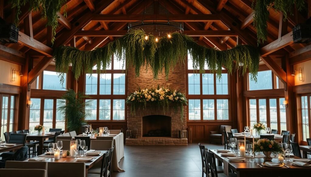 A cozy, rustic wedding venue with exposed wooden beams, soft lighting, and lush greenery cascading from the rafters. In the foreground, a mix of plush seating and wooden tables set with elegant place settings and candlelight. The middle ground features a grand fireplace mantel adorned with cascading florals, casting a warm glow across the space. In the background, expansive windows frame a picturesque mountain landscape, creating an atmosphere of tranquil seclusion. The overall ambiance is one of refined comfort and natural beauty, the perfect setting for an intimate, memorable wedding celebration.