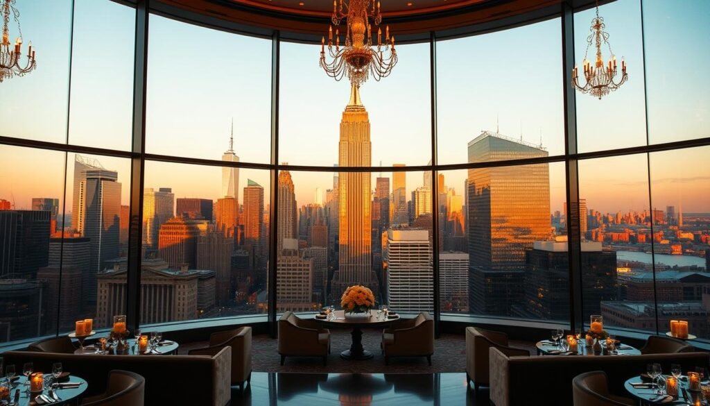 A grand Manhattan skyline stretches across the horizon, illuminated by warm, golden hour lighting. In the foreground, a luxurious indoor venue with large windows frames the iconic skyscrapers, their reflections dancing on the elegant glass facade. Plush furnishings and chandeliers create a sophisticated ambiance, while the seamless transition to an outdoor terrace offers guests a breathtaking view of the city's towering landmarks. This harmonious blend of refined interior and captivating cityscape sets the stage for an unforgettable indoor-outdoor wedding experience.