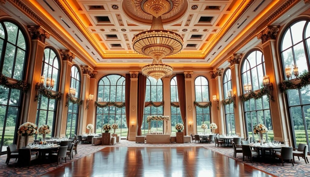 A grand and ornate ballroom, its high ceilings adorned with intricate chandeliers casting a warm, golden glow. Elegant columns line the walls, draped with delicate floral garlands. In the center, a sprawling dance floor awaits, surrounded by plush seating areas and intimate dining tables. Tall windows flood the space with natural light, offering breathtaking views of a lush, manicured garden outside. The overall atmosphere exudes a sense of timeless sophistication, perfect for a grand Houston wedding celebration.