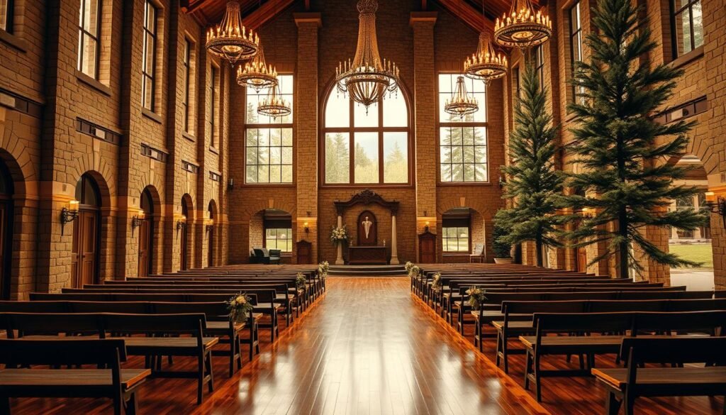 A grand and stately wedding ceremony venue nestled in the majestic landscape of Wyoming. The exterior features a classic, elegant design with warm stone walls and a towering entrance archway. Tall windows flood the interior with natural light, illuminating the ornate chandeliers and polished hardwood floors. Rows of wooden pews await the arrival of the bride and groom, while an ornate altar stands ready at the front. The lush, verdant grounds outside are dotted with towering pines and a tranquil pond, creating a serene and picturesque backdrop for the celebration. Soft, golden lighting casts a warm glow, evoking a sense of timeless romance and enchantment.