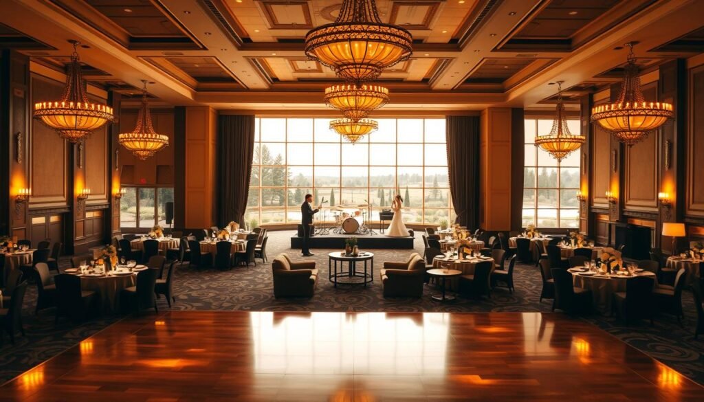 A grand banquet hall with high ceilings and ornate chandeliers, bathed in warm, golden lighting. At the center, a spacious dance floor surrounded by round tables adorned with elegant tablecloths and centerpieces. Along the walls, cozy lounge areas with plush sofas and armchairs, perfect for mingling. In the background, a stage and sound system ready for a live band or DJ. Large windows offer a picturesque view of manicured gardens and a scenic pond. The atmosphere exudes sophistication and grandeur, setting the perfect backdrop for a memorable wedding celebration.