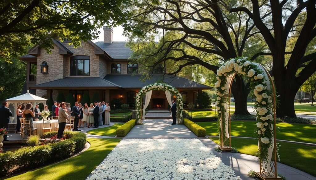 A grand, elegant indoor-outdoor wedding venue, nestled in lush greenery. A sprawling stone manor house with tall arched windows and a cozy hearth, its interior bathed in warm, ambient lighting. Stepping outside, a meticulously landscaped garden unfolds, complete with a tranquil pond and a wrought-iron gazebo draped in cascading vines. Guests mingle on the paved patio, framed by towering oak trees. Sunlight filters through the leaves, casting a soft, romantic glow over the scene. An aisle of white rose petals leads to a stunning ceremony arch, its delicate floral arrangements swaying gently in the breeze. This picturesque setting seamlessly blends the grandeur of an indoor space with the natural splendor of the outdoors, creating a truly breathtaking backdrop for the perfect Michigan wedding.