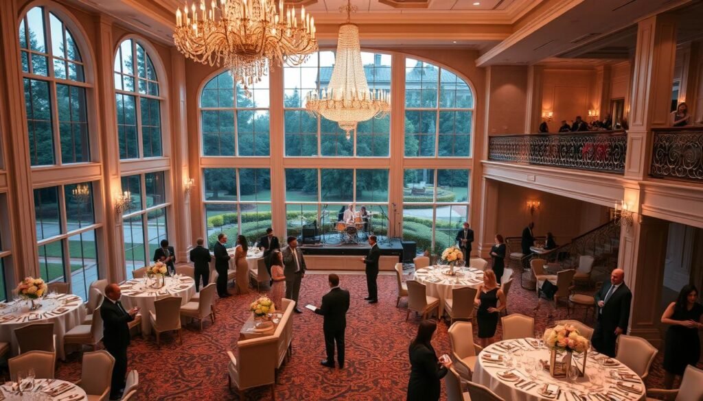 A grand, elegant wedding reception venue with large windows overlooking a lush garden. Soft, warm lighting illuminates the opulent decor - crystal chandeliers, ornate floral centerpieces, and plush seating. Servers in formal attire carry trays of champagne flutes and hors d'oeuvres, catering to the well-dressed guests mingling and conversing. A grand staircase leads to a second-floor balcony, where a live band performs on a stage. The atmosphere exudes a luxurious, all-inclusive experience for the perfect Alabama wedding celebration.