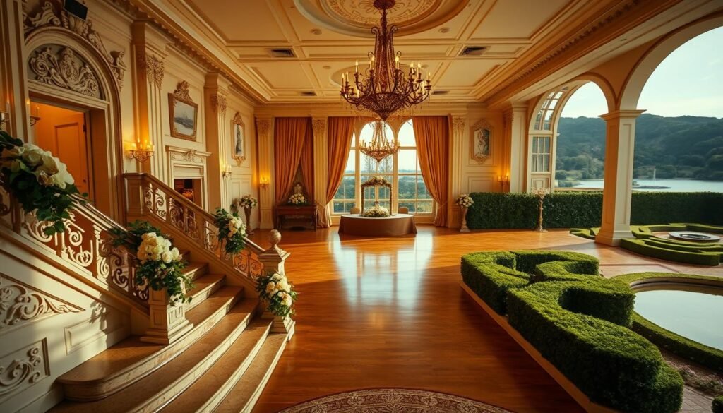 A grand, elegant wedding venue with ornate architectural details. The foreground features a sweeping staircase leading to a dramatic entrance, the stairs adorned with intricate carvings and flowing floral arrangements. The middle ground showcases a spacious, high-ceilinged ballroom bathed in warm, golden lighting from ornate chandeliers. Lush draperies, polished hardwood floors, and large windows offering scenic views create a refined, luxurious atmosphere. The background features a serene, manicured outdoor space with perfectly pruned hedges and a tranquil water feature, setting the stage for an unforgettable wedding celebration.