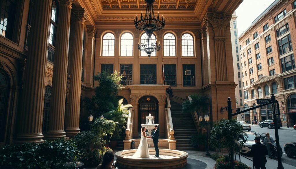 A grand, historic building with ornate architecture stands tall in the heart of downtown Des Moines. Elegant columns flank the entrance, leading to an inviting courtyard adorned with lush greenery and a serene fountain. Sunlight filters through large windows, casting a warm glow over the scene. Inside, high ceilings, chandeliers, and intricate moldings create an atmosphere of timeless sophistication. Couples exchange vows beneath a grand staircase, their joyous faces captured in the soft, romantic lighting. Surrounding the venue, the bustling streets of downtown Des Moines provide a chic, urban backdrop, hinting at the vibrant energy of the city.