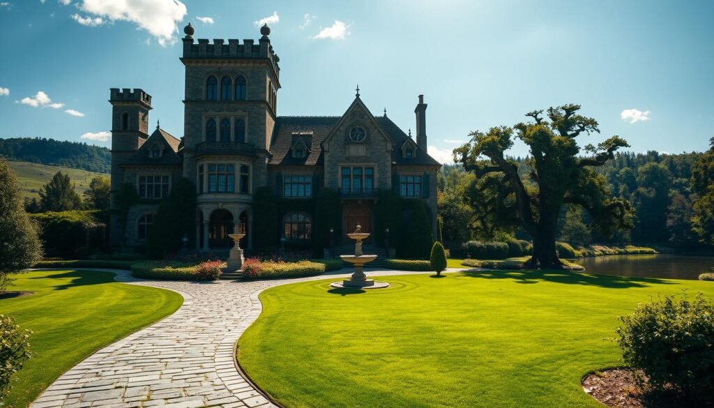 A grand, historic manor nestled amidst rolling hills and lush greenery. Moonstone Manor's elegant facade, adorned with intricate stone carvings and towering turrets, stands as a testament to its timeless beauty. Sunlight filters through ornate stained-glass windows, casting a warm, romantic glow over the meticulously landscaped grounds. In the foreground, a winding stone path leads to the ornate, oak-paneled entrance, where guests are welcomed by a stately fountain and perfectly manicured gardens. The middle ground reveals a sprawling lawn, ideal for an intimate outdoor ceremony, surrounded by centuries-old trees that sway gently in the breeze. In the background, the manor's majestic silhouette is reflected in a tranquil pond, creating a breathtaking scene that captures the essence of timeless elegance and rustic charm.