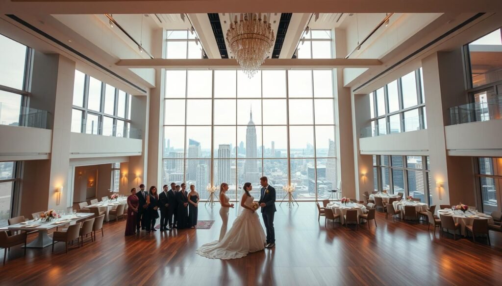 A grand, modern urban wedding venue with an airy, open-concept design. The interior features high ceilings, floor-to-ceiling windows, and sleek minimalist decor. Soft, warm lighting illuminates the polished hardwood floors and elegant furnishings. In the foreground, a stylish bridal party poses against a backdrop of contemporary architectural details. The middle ground showcases a spacious dance floor and impeccably set dining tables, while the background reveals the vibrant cityscape outside, creating a stunning contrast between the urban landscape and the refined, sophisticated ambiance of the venue.