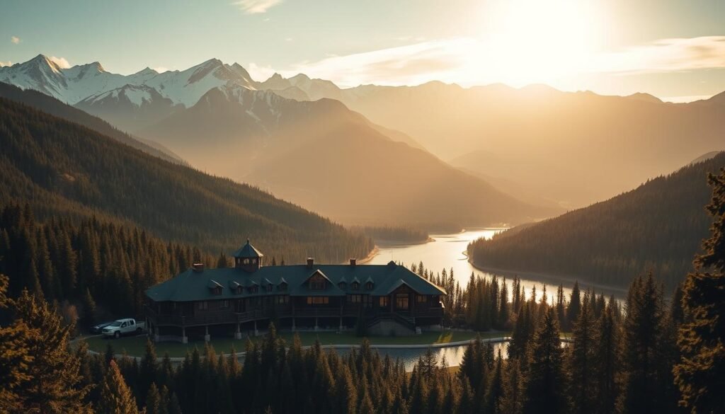 A grand, mountainous landscape with a breathtaking destination wedding venue nestled amidst the scenic splendor. In the foreground, a grand, rustic-style lodge with elegant architecture, surrounded by lush greenery and a sparkling lake. In the middle ground, snow-capped peaks rise majestically, casting a serene, awe-inspiring ambiance. The background is filled with dense, verdant forests and a golden, warm sunset glow, illuminating the entire scene with a magical, romantic atmosphere. The venue is captured from a slightly elevated angle, using a wide-angle lens to showcase its magnificent setting and grandeur. The lighting is soft and diffused, creating a warm, inviting ambiance perfect for a destination wedding celebration.