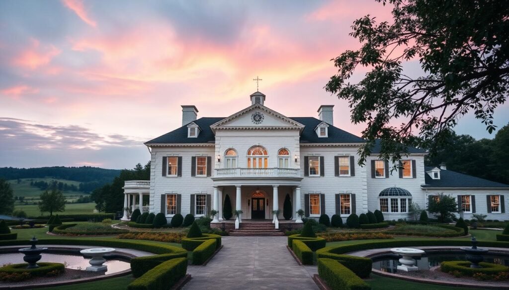 A grand, opulent wedding venue nestled amidst the rolling hills of North Carolina. The stately manor house stands tall, its elegant façade of pristine white stone reflecting the warm glow of the setting sun. Manicured gardens and water features surround the property, creating a serene and picturesque backdrop. Inside, the interiors exude a timeless sophistication, with ornate chandeliers, plush furnishings, and large windows that flood the space with natural light. A team of attentive staff ensure every detail is meticulously attended to, crafting a truly luxurious and unforgettable wedding experience.