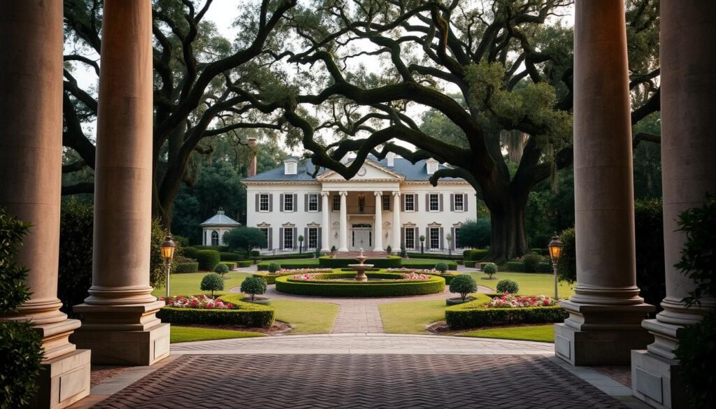 A grand, ornate mansion nestled amidst lush, verdant gardens, with elegant stone columns framing the entrance. Soft, warm lighting illuminates the scene, casting a romantic glow over the property. In the foreground, a cobblestone pathway leads to the stately main building, its intricate architectural details and stately façade exuding an air of refined sophistication. In the middle ground, carefully manicured flowerbeds and fountains dot the well-maintained grounds, while towering oak trees provide a picturesque backdrop, their branches swaying gently in the breeze. The overall ambiance evokes a sense of timeless elegance and sophistication, creating the perfect setting for a chic Baton Rouge wedding.