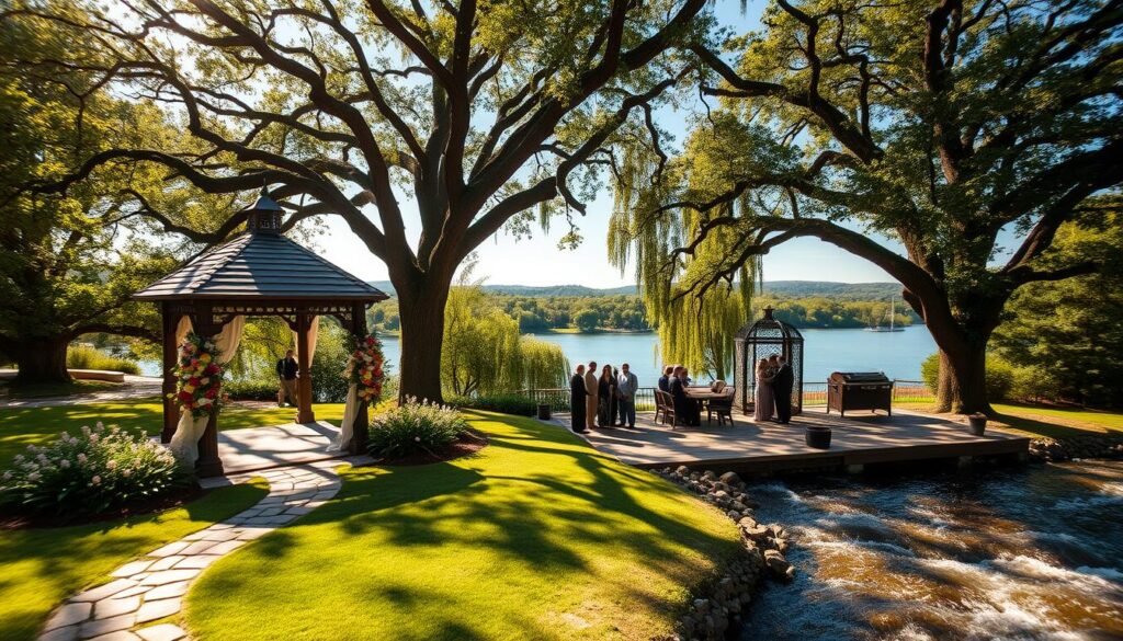 A grand riverside garden wedding venue, Leopold's Mississippi offers a picturesque setting amidst lush greenery and flowing waters. In the foreground, a quaint stone path leads towards an elegant gazebo draped in cascading florals. Towering oak trees provide dappled shade, their branches reaching skyward. In the middle ground, guests mingle on a wooden deck overlooking the serene Mississippi River, its banks lined with weeping willows. The background features rolling hills and a cloudless azure sky, bathing the scene in warm, golden light. The overall atmosphere exudes timeless romance and serene natural beauty, creating an idyllic backdrop for a memorable wedding celebration.