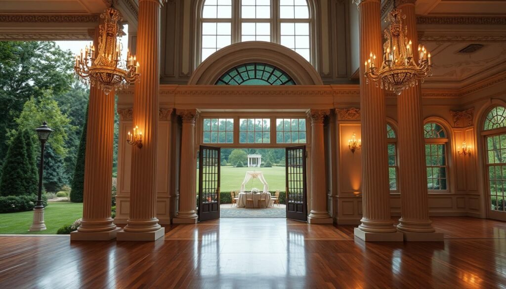 A grand, stately manor nestled amid lush, manicured gardens in Central Massachusetts. Stately columns frame the ornate entryway, inviting guests to step into an elegantly appointed ballroom with high ceilings and gleaming hardwood floors. Soft, warm lighting casts a romantic glow, while floor-to-ceiling windows offer picturesque views of the verdant grounds outside. Intricate architectural details, such as ornamental moldings and chandeliers, create an atmosphere of refined sophistication, perfect for hosting an unforgettable wedding celebration.