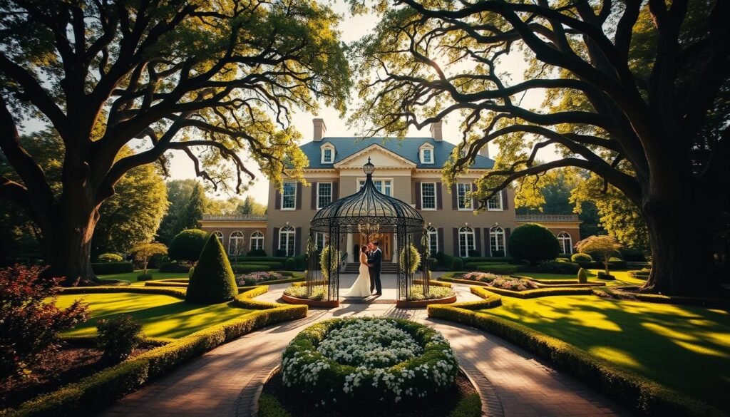 A grand, stately manor nestled amidst lush, verdant gardens, its elegant facade bathed in warm, golden sunlight. Manicured pathways lead to an ornate, wrought-iron gazebo, where a couple exchanges vows beneath a canopy of blooming flowers. Towering oak trees cast dappled shadows across the meticulously landscaped grounds, creating an atmosphere of timeless sophistication. Soft, natural lighting filters through large, arched windows, illuminating the grand ballroom's ornate chandeliers and intricate moldings. This Delaware wedding venue exudes an air of refined luxury, perfectly capturing the essence of a dream wedding.