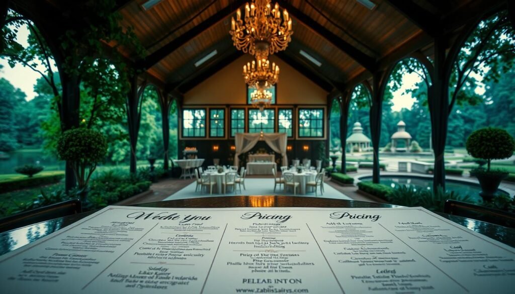 A high-end wedding venue in a lush, verdant setting. The foreground showcases a table displaying detailed pricing information, with elegant calligraphy highlighting the various packages and add-ons. In the middle ground, a grandly decorated event space unfolds, with a high-vaulted ceiling, opulent chandeliers, and large windows letting in warm, natural light. The background features a serene outdoor scene, with manicured gardens, a tranquil pond, and a picturesque gazebo, hinting at the venue's scenic amenities and expansive capacity. The overall mood is one of refined sophistication, conveying the luxury and attention to detail that discerning couples seek in their wedding venue.