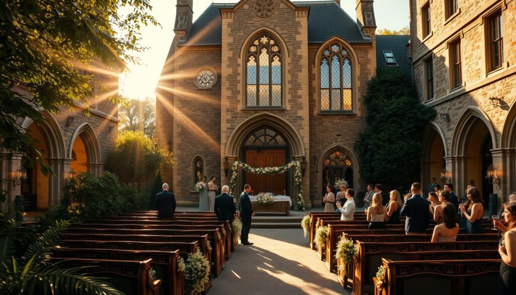 A historic stone manor nestled amidst lush greenery, its grand archways and ornate facade radiating an air of timeless elegance. Warm golden light filters through stained glass windows, casting a soft, romantic glow over the grand ballroom within. Rows of wooden pews face an ornate altar, draped in delicate floral garlands. Guests mingle in the sunlit courtyard, sipping champagne as a string quartet's melody drifts through the air, creating an atmosphere of refined sophistication and cherished tradition.