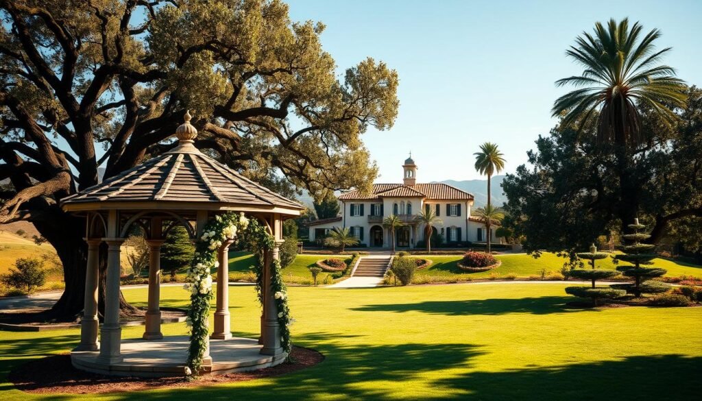 A lush, picturesque garden with sprawling oak trees and a meticulously manicured lawn, surrounded by rolling hills and a clear blue sky. In the foreground, an elegant stone gazebo adorned with cascading vines and delicate white flowers, the perfect setting for an intimate, romantic ceremony. In the middle ground, a grand estate with a classic Spanish-style architecture, its terracotta roof tiles and whitewashed walls casting warm, inviting shadows. In the background, the silhouettes of palm trees sway gently, hinting at the coastal charm of Southern California. The entire scene is bathed in soft, golden light, creating a serene and timeless ambiance.