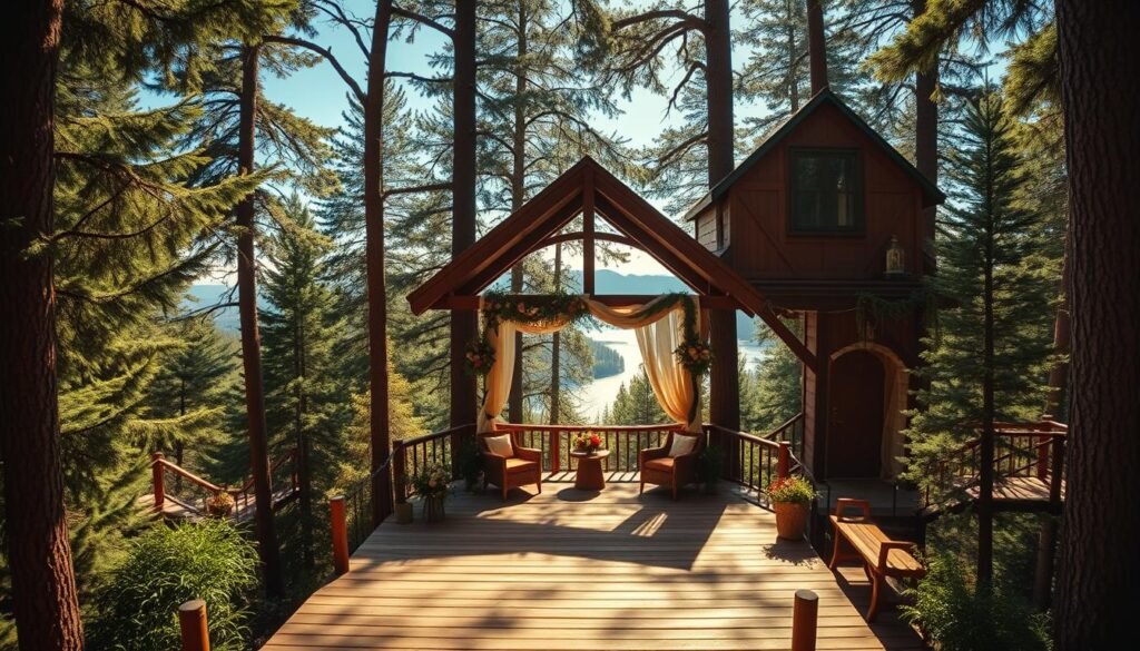 A lush, secluded treehouse nestled amidst towering evergreens, the sunlight dappling through the verdant canopy. In the foreground, a charming wooden platform with a beautifully decorated arch, ready to host an intimate, enchanting wedding ceremony. The middle ground reveals cozy seating arrangements, lush floral arrangements, and a stunning panoramic view of the surrounding forest. In the background, a serene lake glistens, mountains rising in the distance. Soft, warm lighting creates a magical, romantic ambiance, while a wide-angle lens captures the breathtaking scene in all its rustic, natural glory.