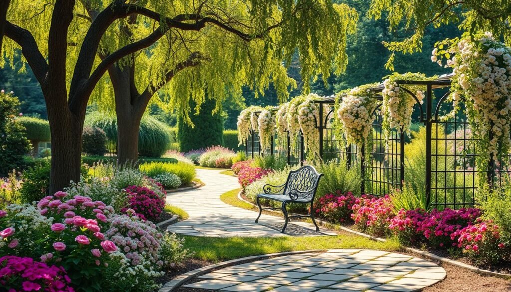 A lush, sun-dappled garden with a picturesque stone path winding through vibrant flower beds. Tall, ornamental trees frame the scene, their branches swaying gently in a soft breeze. Delicate, pastel-colored blooms cascade from trellises, creating a enchanting, romantic atmosphere. In the foreground, a wrought-iron garden bench sits nestled among the flora, inviting guests to pause and take in the serene, natural beauty. The lighting is soft and warm, casting a golden glow across the idyllic landscape. The overall composition evokes a sense of tranquility, elegance, and the perfect setting for a breathtaking garden wedding celebration.