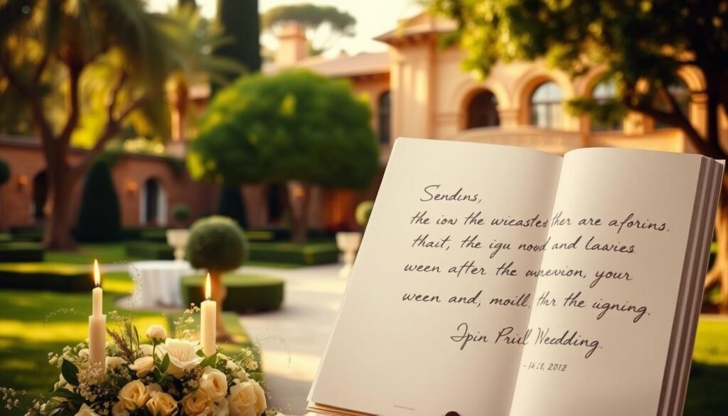 A lush, sun-drenched wedding venue, its manicured gardens and elegant architectural details captured in a serene, soft-focused portrait. In the foreground, a tasteful arrangement of wedding flowers and twinkling candles set the mood. The middle ground features a hand-written testimonial, its script flowing elegantly across the page. The background showcases the venue's stunning facade, its warm-toned stone and sweeping arches bathed in a golden, cinematic light. The overall atmosphere evokes a sense of timeless sophistication and joyful celebration, perfectly reflecting the "Inspiring Wedding Experiences and Expert Reviews" section.